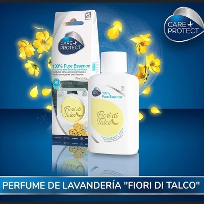 Frasco e embalagem de perfume de lavanderia Fiori di Talco com fundo azul e flores amarelas.