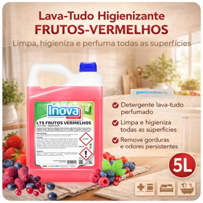 Recipiente de detergente lava-tudo Inova fragrância frutos vermelhos 5L com frutas vermelhas e texto em fundo de cozinha.