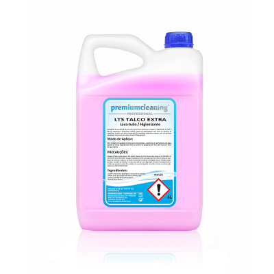 Recipiente plástico branco com líquido rosa e tampa azul com rótulo texto em português