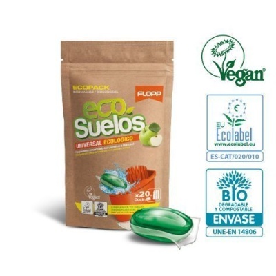 Embalagem de produto de limpeza ecológico Flopp com cápsula verde à frente e selos de certificação ambiental.