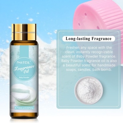 Frasco de óleo de fragrância Phatoil Baby Powder com texto explicativo
