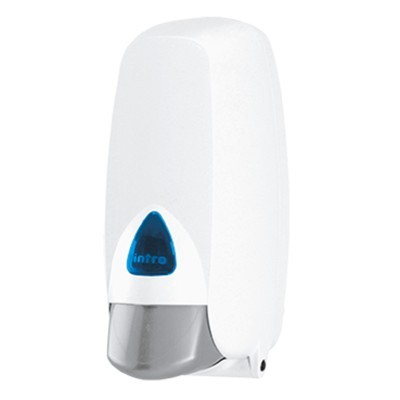 Dispenser de parede branco com visor azul e base cinza