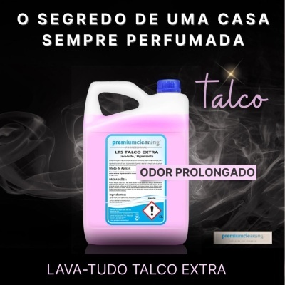 Recipiente rosa de lava-tudo Talco Extra com tampo azul e rótulo detalhado