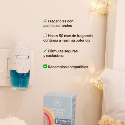 Ambientador elétrico branco com gotas cinzentas e líquido azul junto a embalagem azul