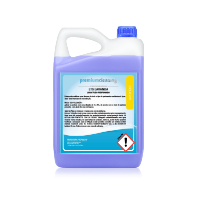 Garrafão azul com tampa e etiqueta de limpeza LTS Lavanda