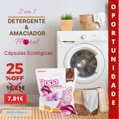 Cápsulas de detergente e amaciador rosa em embalagem branca, máquina de lavar e cesto de roupas ao fundo, texto promocional em português e espanhol.