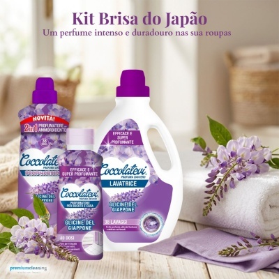 Kit Coccolatevi Glicine del Giappone com três frascos em roxo e branco e flores lilases ao lado