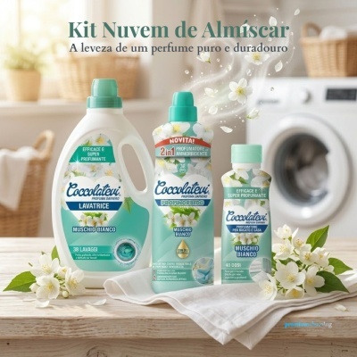 Conjunto de detergente para roupas Coccolatevi Muschio Bianco com amaciante e aromatizador em ambiente doméstico lavado