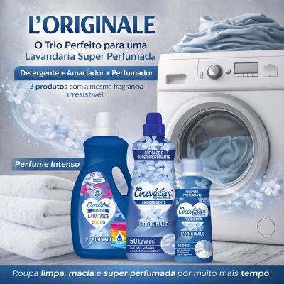 Produtos para lavandaria Coccolatevi LORIGINALE com máquina de lavar roupa