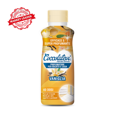 Frasco amarelo de aromatizador para casa e roupa com tampa amarela clara e texto em italiano