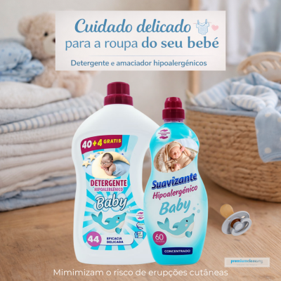 Detergente e suavizante hipoalergénicos Baby para roupa de bebé em cenário de quarto