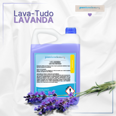 Recipiente azul de Lava-Tudo com rótulo azul e amarelo e raminhos de lavanda