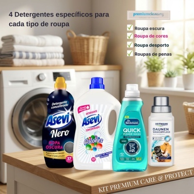 Quatro detergentes para roupa específicos sobre bancada numa lavandaria com máquina de lavar.