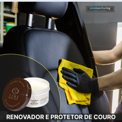 Renovador e protetor de couro com embalagem branca e tampa castanha junto de banco de carro preto e mão com luva preta a limpar com pano amarelo