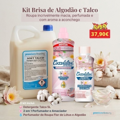 Kit de limpeza com detergente talco e perfumes para roupa, embalagens com flores de lótus e algodão