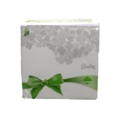 Pacote de guardanapos de papel branco com padrão floral cinzento e laço verde impresso