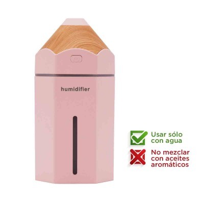Humidificador rosa com tampa efeito madeira em forma de lápis e instruções em espanhol