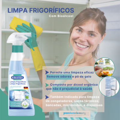 Produto de limpeza para frigoríficos Dr Beckmann em spray e mulher a limpar frigorífico