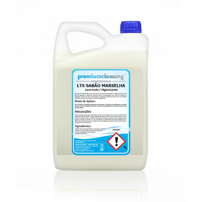 Recipiente plástico branco com tampa azul de 5 litros de sabão marselha premiumcleaning