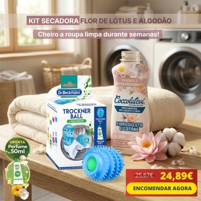Kit secadora Dr. Beckmann Trockner Ball com bola azul e produto Coccolateu Fiori di Loto e Cotone em lavandaria