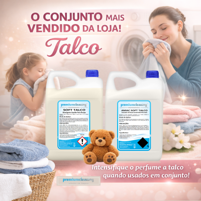 Detergentes premiumcleaning para roupa com ursinho e toalhas num ambiente de lavandaria