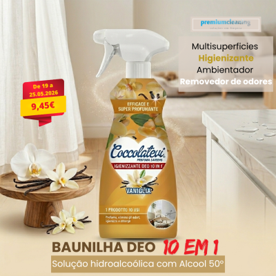 Frasco amarelo de spray higienizante com aroma de baunilha em cozinha clara