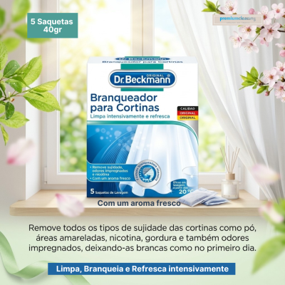 Embalagem do produto Dr. Beckmann Branqueador para Cortinas com texto e fundo de janela e plantas.