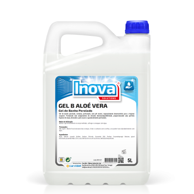 Frasco branco de plástico com tampa azul e etiqueta azul e branca de gel de banho Inova Solutions