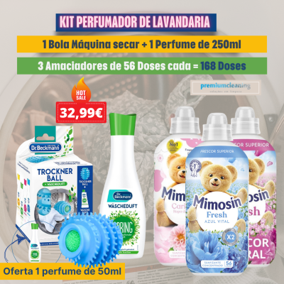 Kit perfumador de lavandaria com bola para máquina, perfume e três amaciadores Mimosin