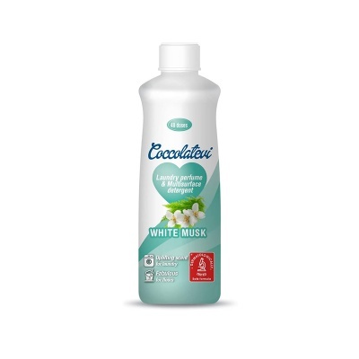 Embalagem de detergente líquido branco com rótulo azul e verde e texto de fragrância