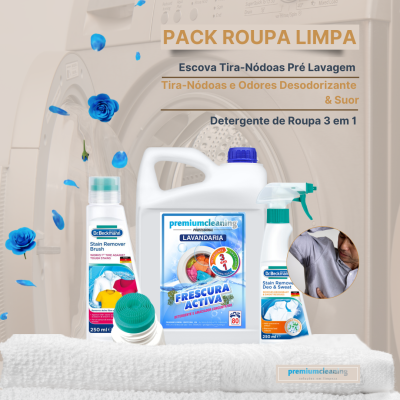 Pack de produtos para roupa limpa com detergente, escova e desodorizante branco e azul em cenário de lavagem