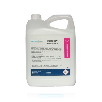 Recipiente branco de 5 litros com sabonete creme CREME DOV e etiqueta rosa