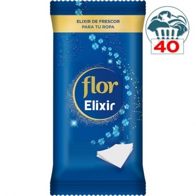 Embalagem azul de produto 'flor Elixir' para roupa com 40 doses