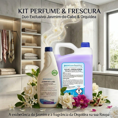Kit perfumador de roupa e detergente líquido premiumcleaning com flores em casa de banho