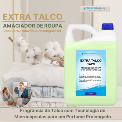 Amaciador de roupa Extra Talco em embalagem verde claro com tampa azul ao lado de roupas e algodão.