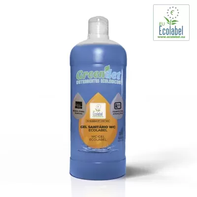 Frasco azul de gel sanitário WC ecológico Greendet com selo EU Ecolabel