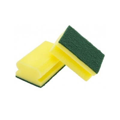Dois esfregonas amarelas com parte verde abrasiva
