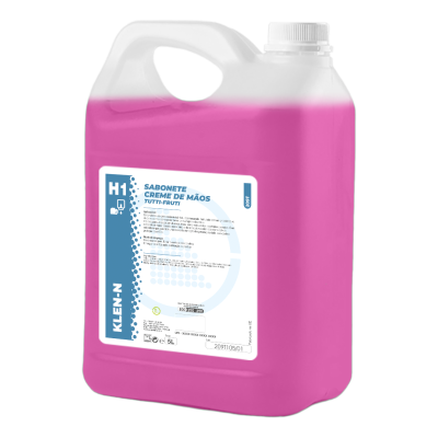 Recipiente plástico com sabonete creme de mãos cor-rosa e etiqueta azul e branca