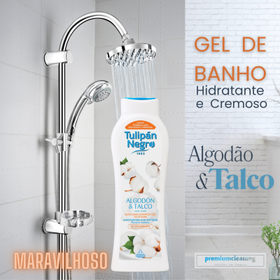 Frasco branco de gel de banho Tulipán Negro próximo a uma coluna de duche cromada