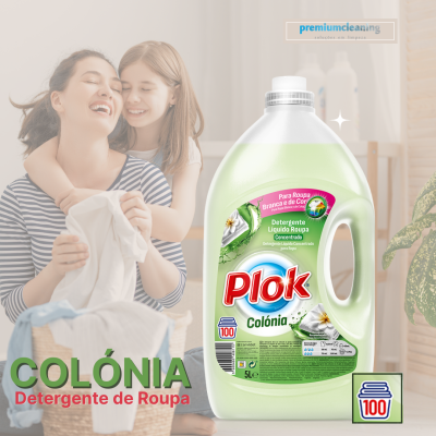 Detergente líquido para roupa Plok Colónia em garrafa verde clara de 5 litros