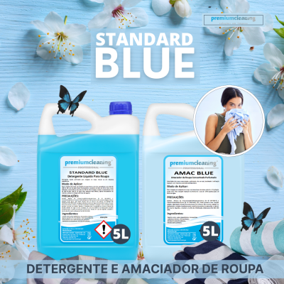 Recipientes de detergente e amaciador líquido azul de 5 litros com rótulos da marca premiumcleaning