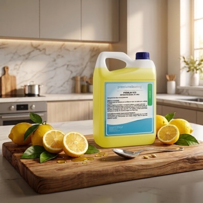 Frasco de detergente amarelo com limões frescos numa tábua de madeira em cozinha moderna