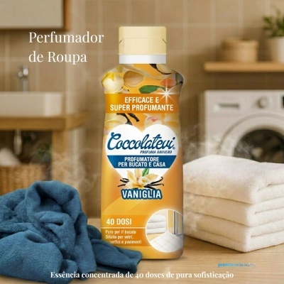 Frasco amarelo de perfumador para roupa Coccolatevi Vaniglia com toalhas e máquina de lavar roupa ao fundo