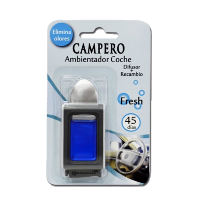 Ambientador de carro Campero com difusor e líquido azul na embalagem