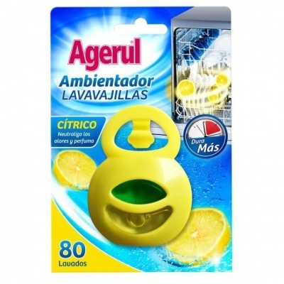 Ambientador lava-louças Agerul cítrico amarelo e verde com limões e lava-louças ao fundo