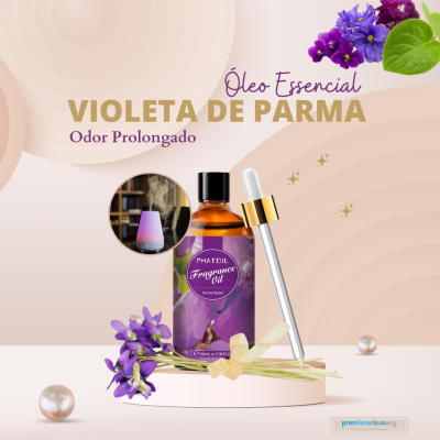 Frasco de óleo essencial violeta de Parma com conta-gotas e flores roxas