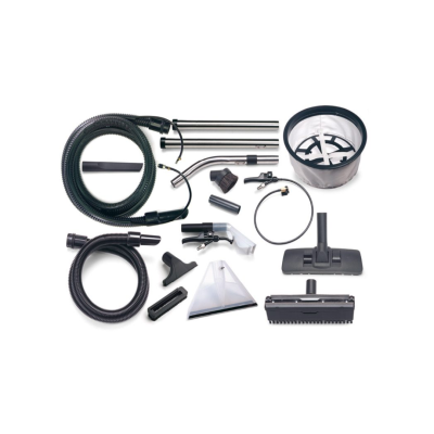 Kit de acessórios para aspirador incluindo tubos, mangueiras, escovas, bocais e filtro branco com aro preto