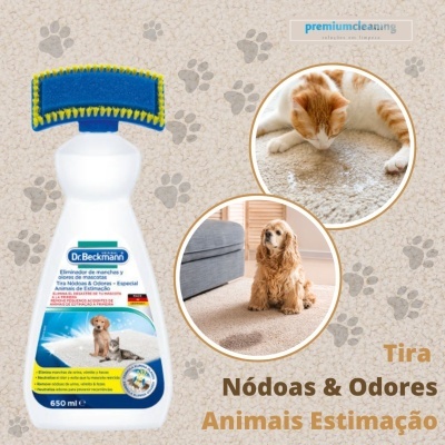 Frasco do produto Dr. Beckmann para tirar nódoas e odores de animais de estimação com escova e imagens de cão e gato