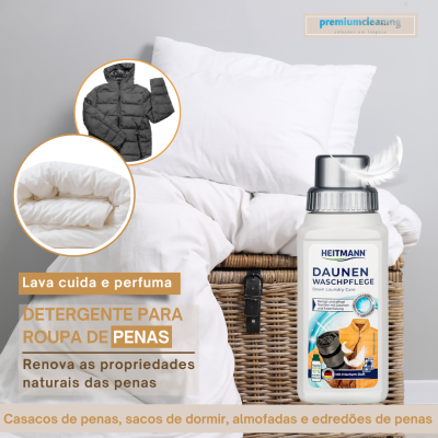 Detergente para roupa com penas HEITMANN ao lado de cesto de verga com almofadas brancas