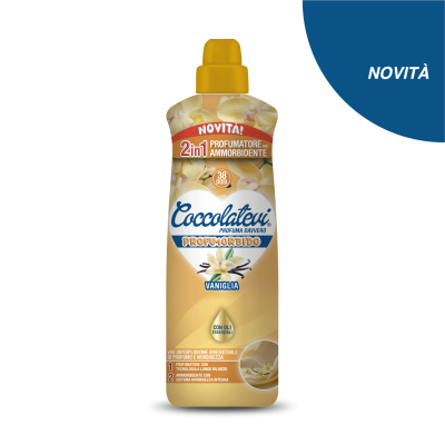 Frasco amarelo de produto com tampa mostarda e etiquetas com flores e texto em italiano